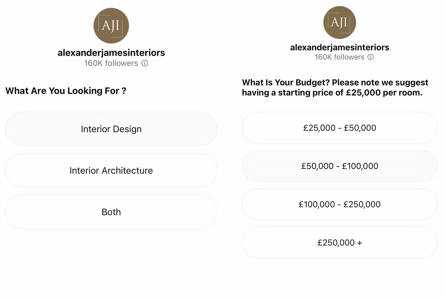 Instagram lead form with a project budget qualifier — Alexander James Interiors-style funnel example