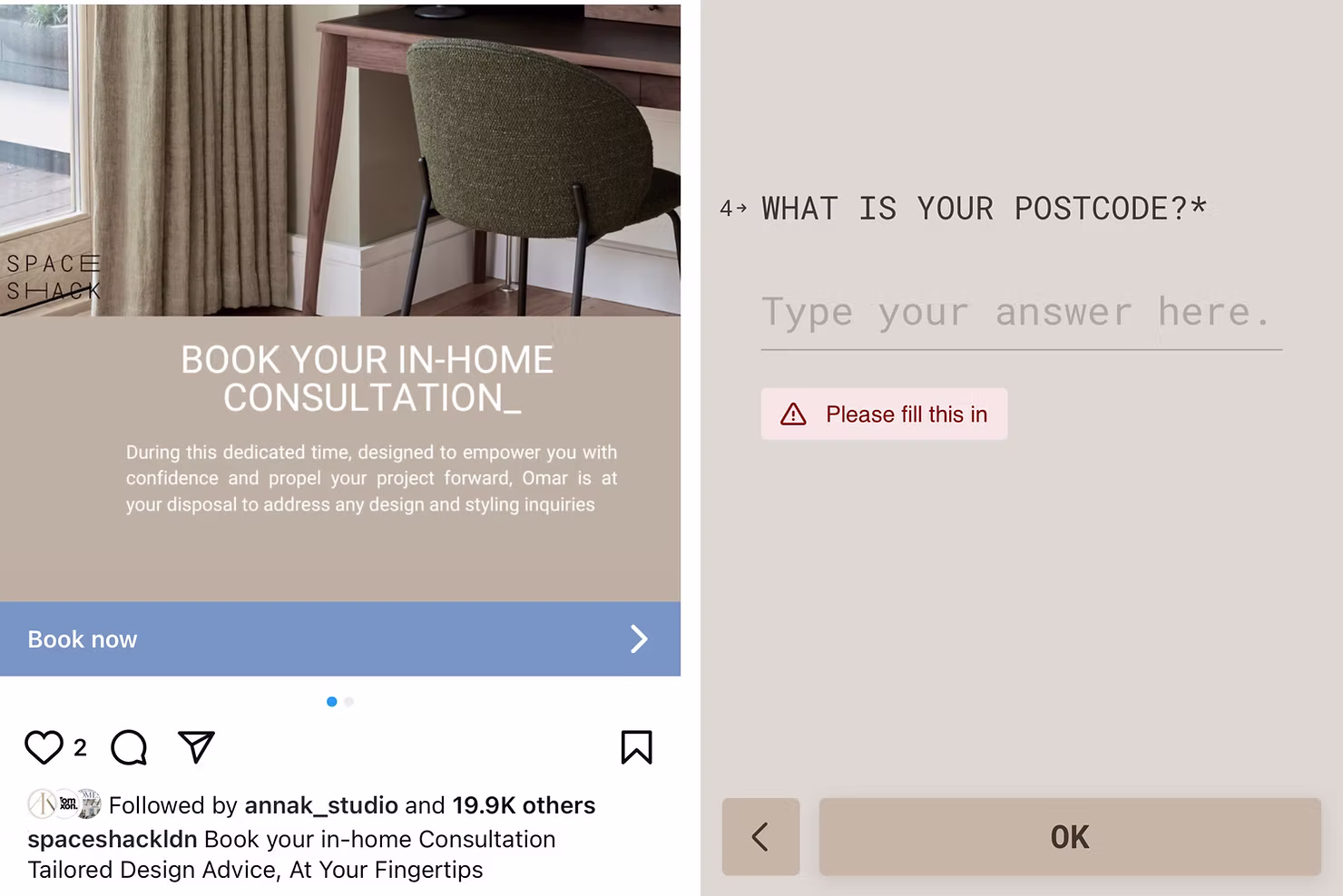 Instagram ad mock-up promoting a founder-led in-home interior design consultation — Space Shake-style personal brand funnel