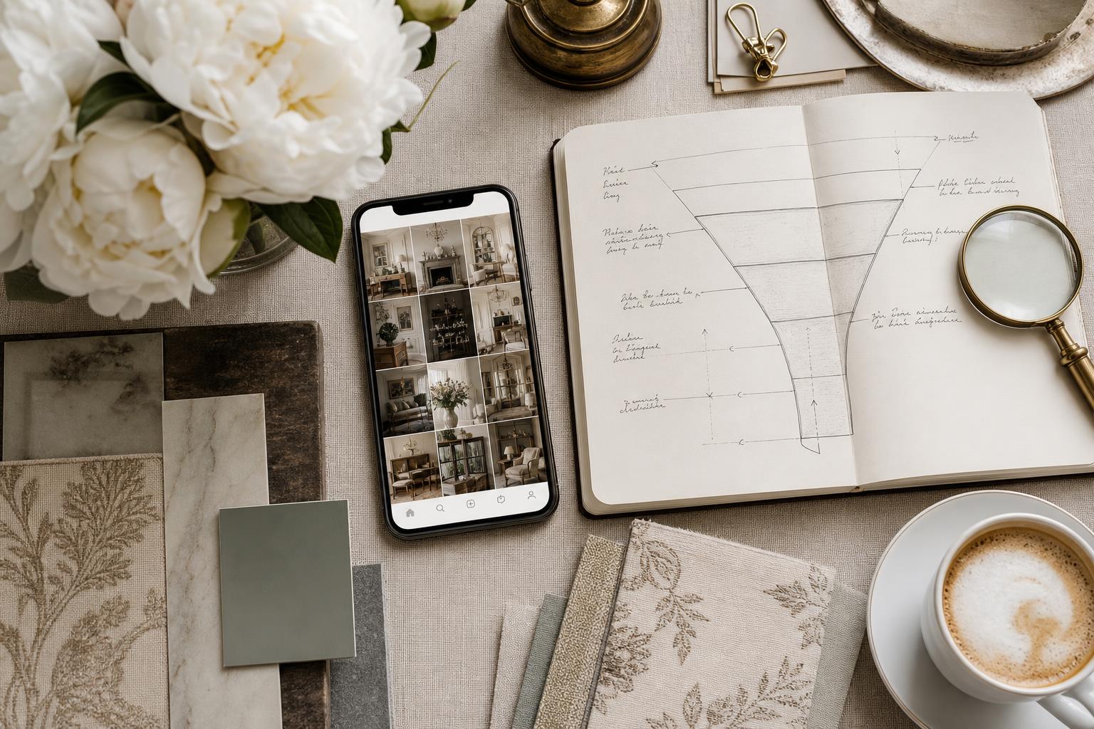 Interior designer's desk flat lay with Instagram feed on phone and hand-drawn client funnel diagram — Instagram marketing strategy for interior designers