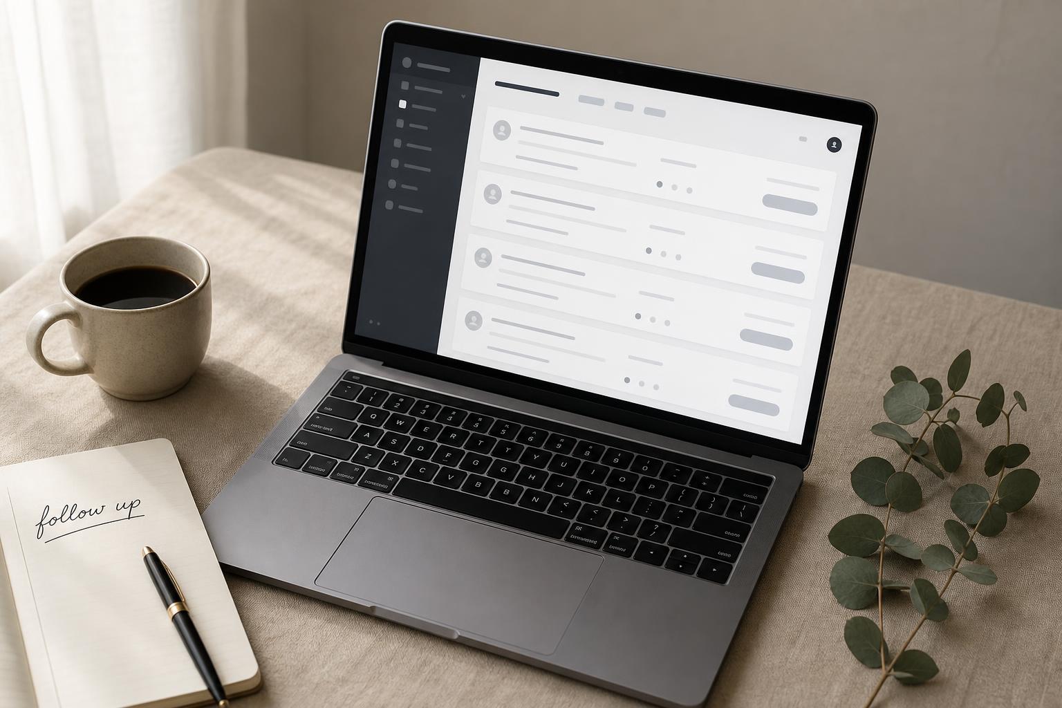 Laptop showing a lead marketplace dashboard with a notebook reading "follow up" — testing the interior design sales process